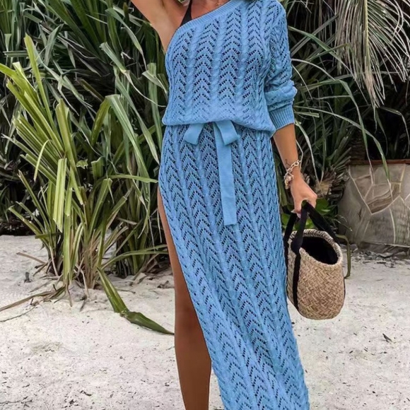 (Out of  Stock) Blue Slit Openwork Single Shoulder Knit Dress - Picture 3 of 10
